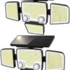 Solar Outdoor Lights - 3000LM 423 LED Motion Sensor Outdoor Lights, 4 Heads IP65 Waterproof Powered Security Flood Lights, 270°Wide Lighting Angle Wall Light with Dual Sensors for Backyard Yard Patio